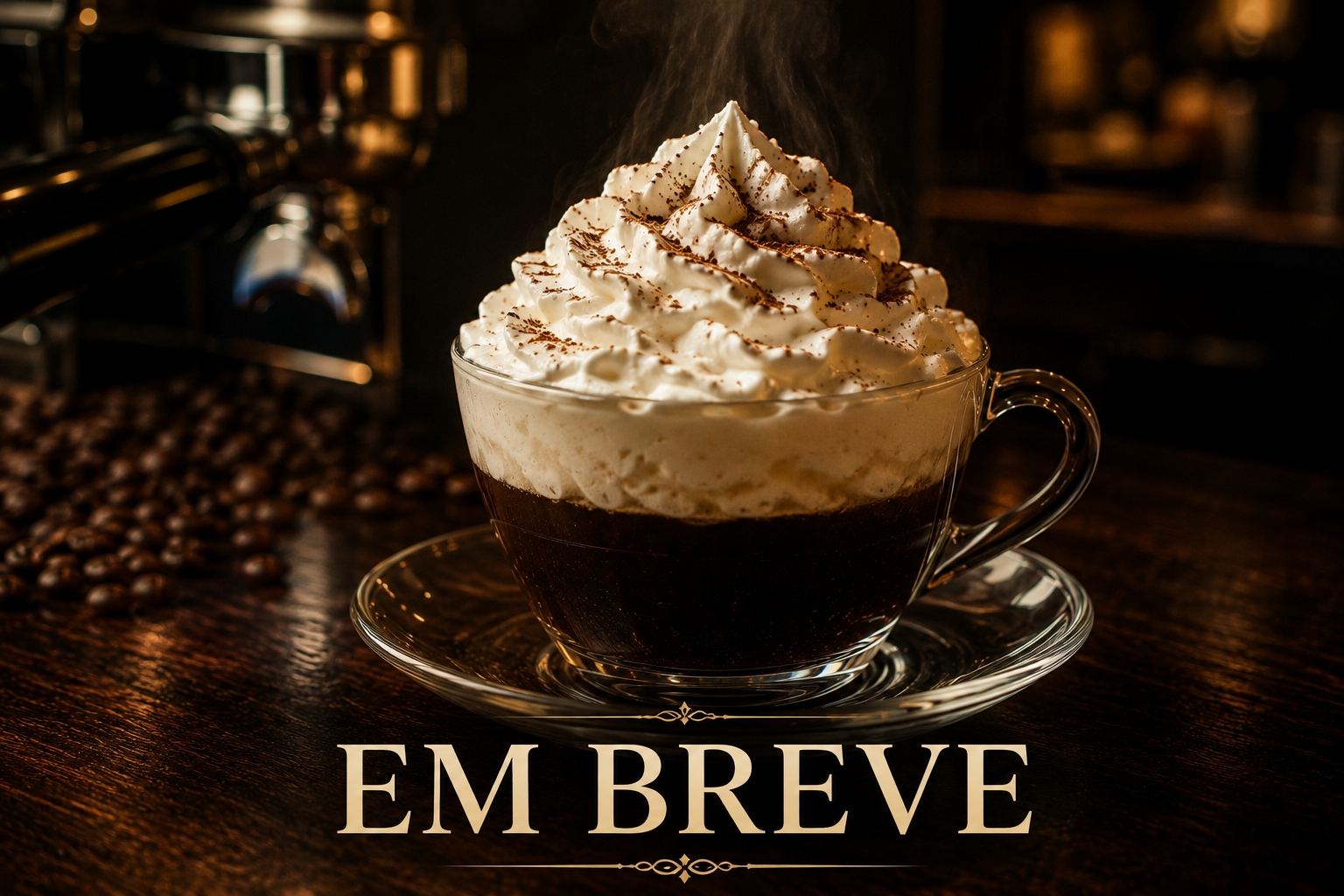 Um espresso con panna com a inscrição EM BREVE em letras serifadas.